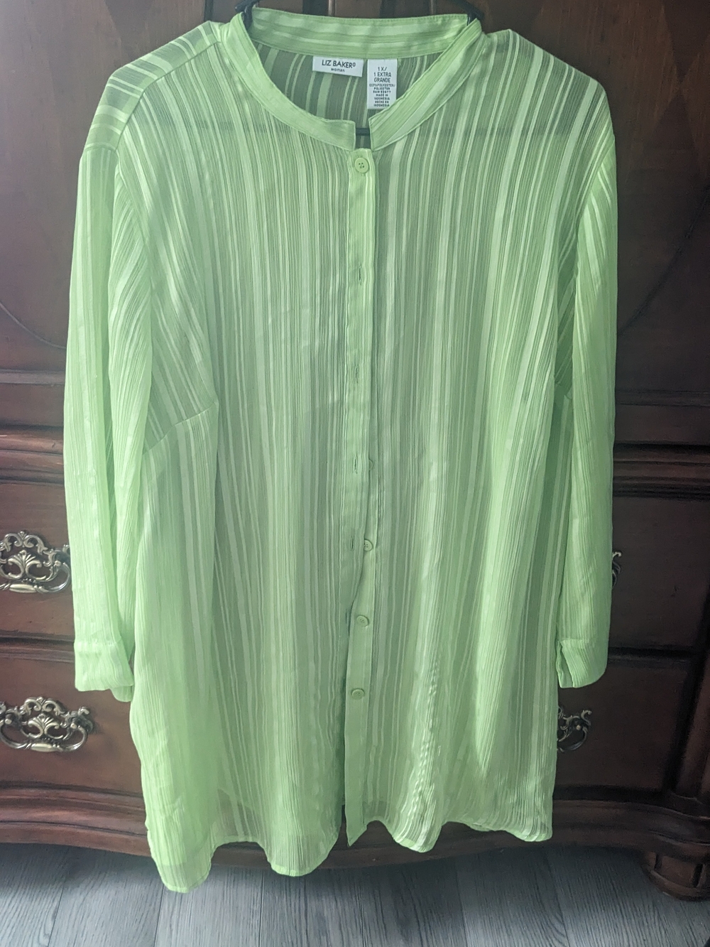 Liz Baker Sheer Lime Green Long Button-Up Shirt Jacket 2X